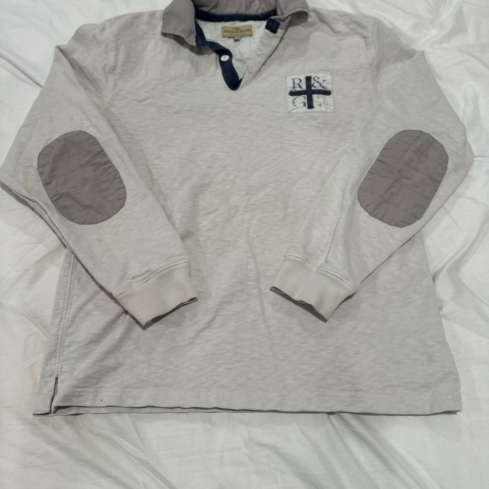 Rodd & Gunn Sz: L Cream Gray Elbow Patches Preppy Quilted Rugby Polo Streetwear.